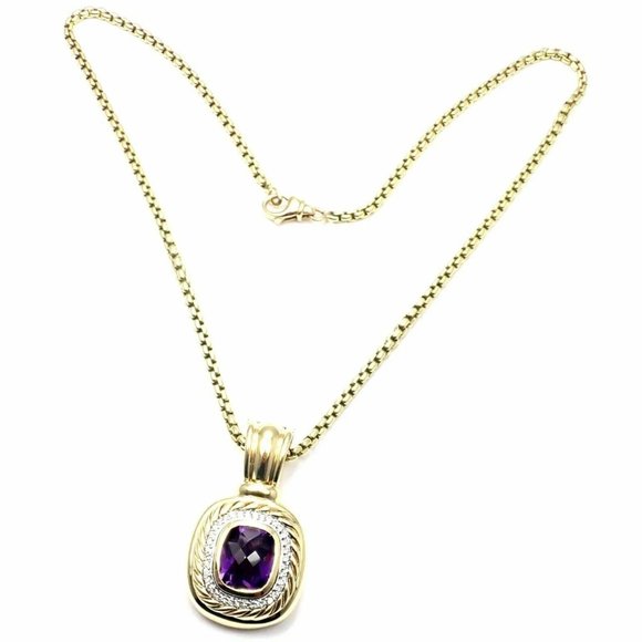 David Yurman Cable 18k Yellow Gold Amethyst Diamond Large Pendant Chain Necklace - Picture 3 of 9